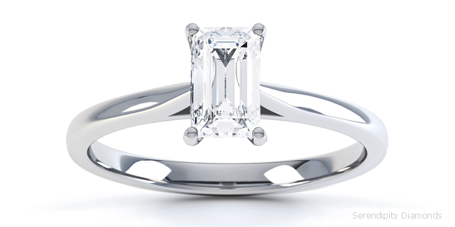 Emerald cut engagement ring shown with open shoulders