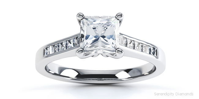 engagement ring with princess cut channel set shoulders