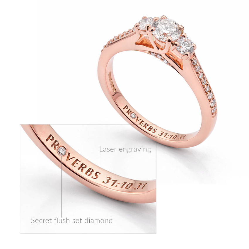 Engraved engagement ring featuring a secret flush set diamond