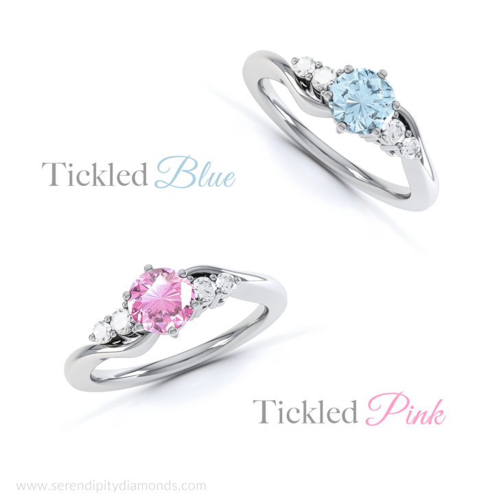 Tickled Blue Engagement Ring Alongside Tickled Pink Ring