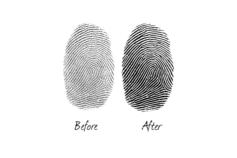 Fingerprint examples before and after, ready to engrave onto jewellery