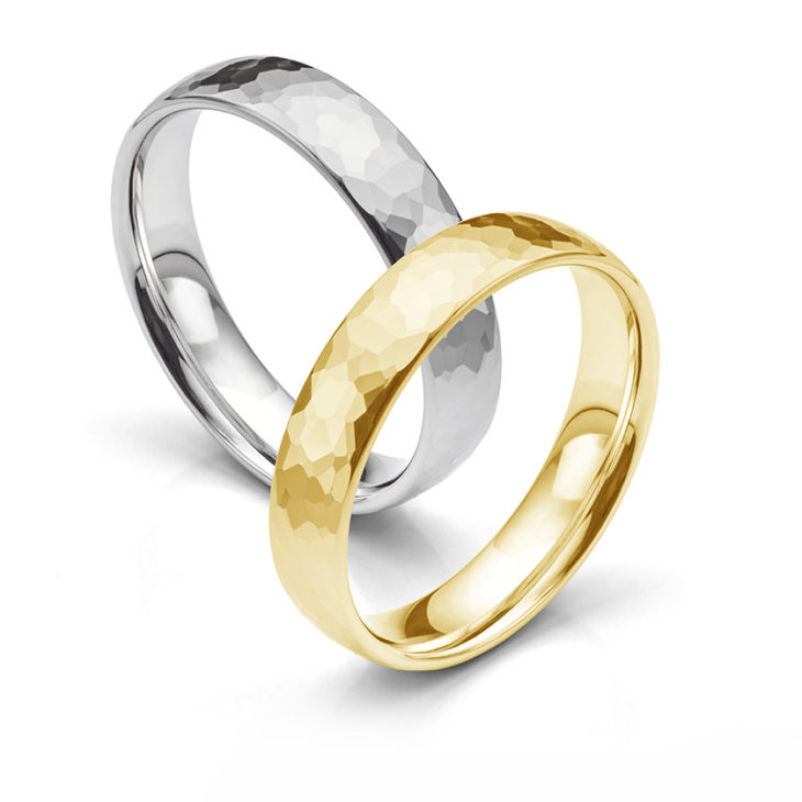 Hammered wedding rings - featuring white gold and yellow gold planished rings