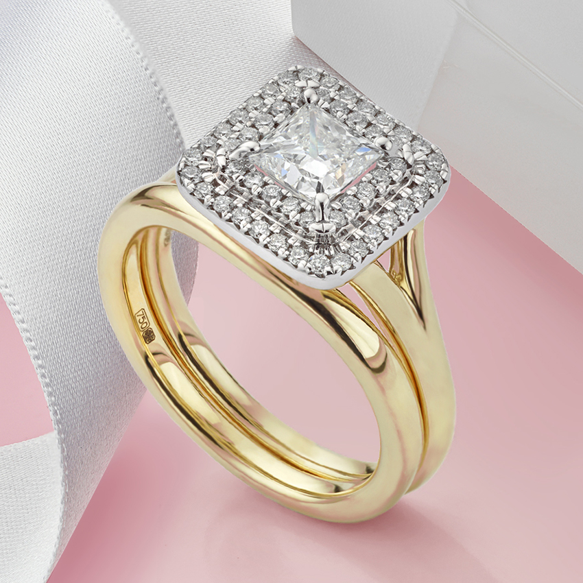 halo ring in yellow gold with double halo setting