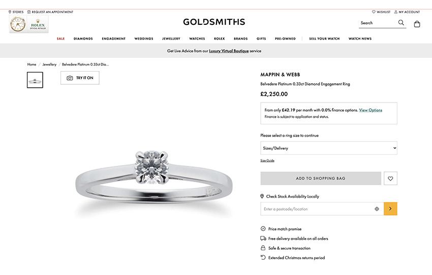 Goldsmiths engagement ring example costing over £2000