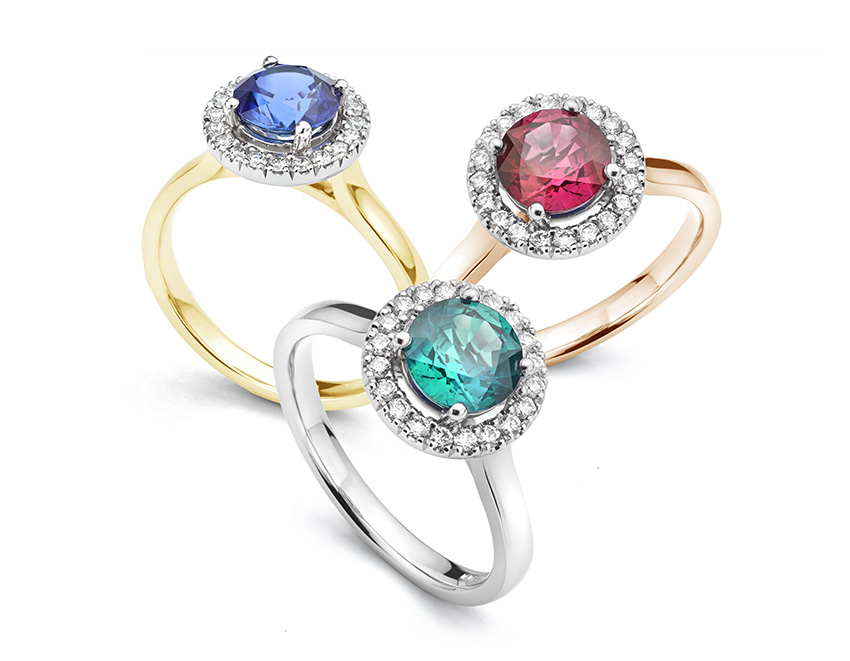 Gemstone rings in yellow gold, white gold, rose gold and platinum set with sapphire, ruby and tourmaline