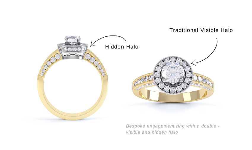 double hidden halo ring with traditional and secret diamond halo. 