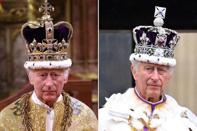 king charles wearing the 2 crowns at the coronation