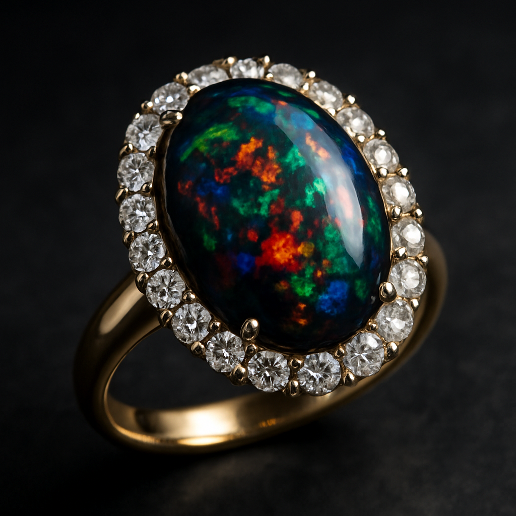 Black opal and diamond halo engagement ring