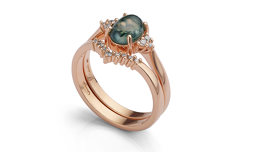 Moss agate and diamond engagement ring with shaped wedding ring