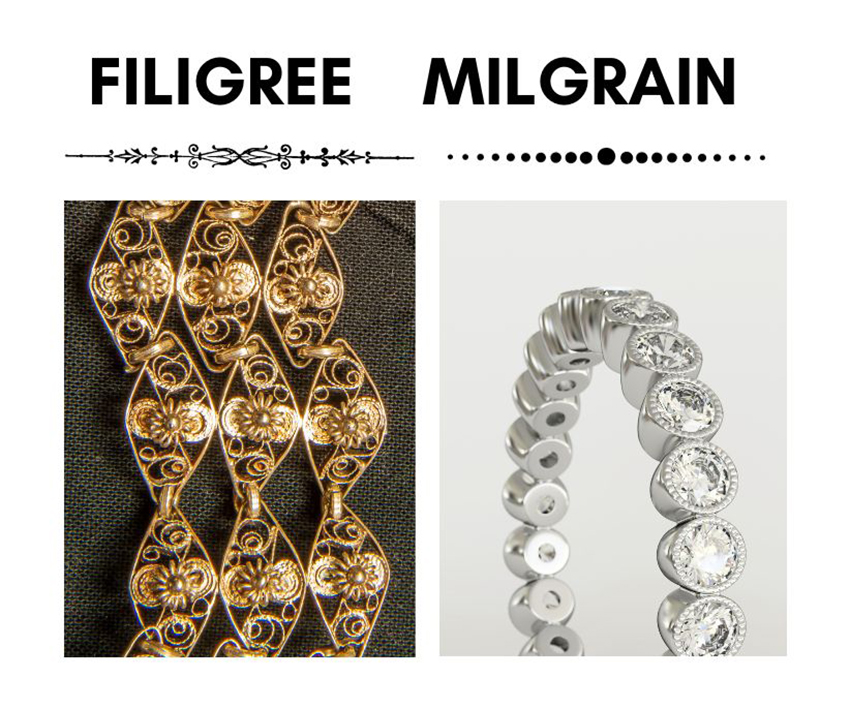 Photograph showing the differences between milgrain and filigree in jewellery design. 