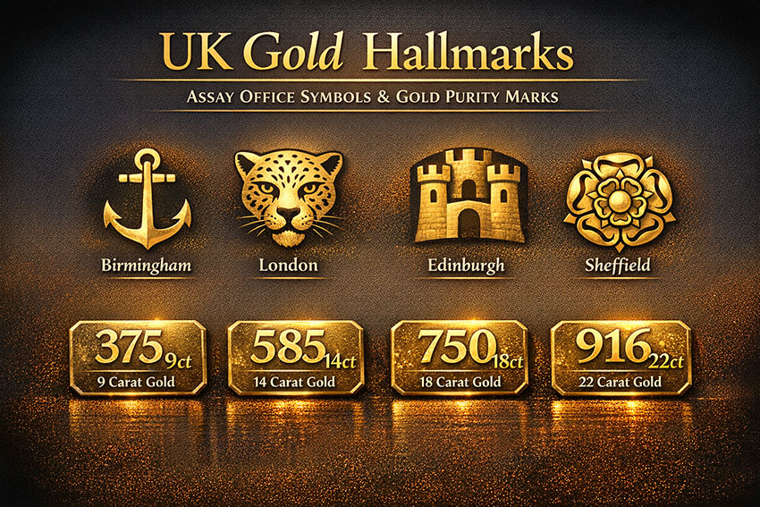 UK gold hallmark symbols chart showing Birmingham anchor, London leopard head, Sheffield rose, Edinburgh castle and gold purity marks 375, 585, 750, 916
