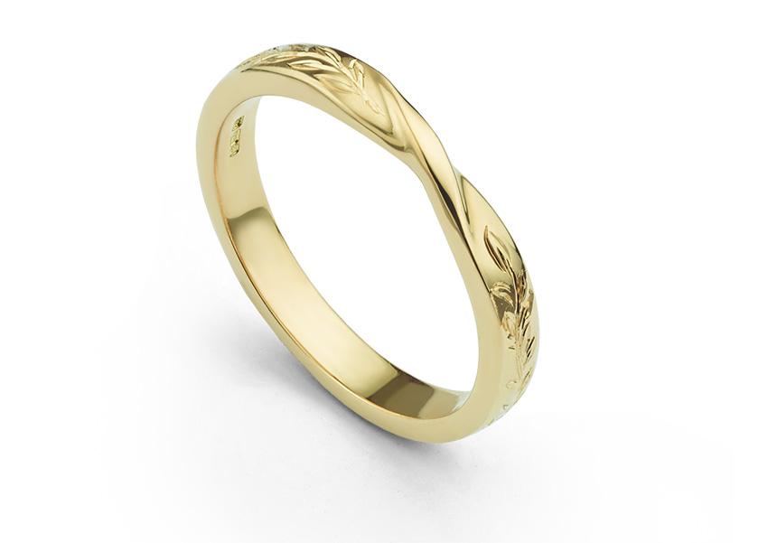 Leaf-engraved ribbon-twist shaped wedding ring