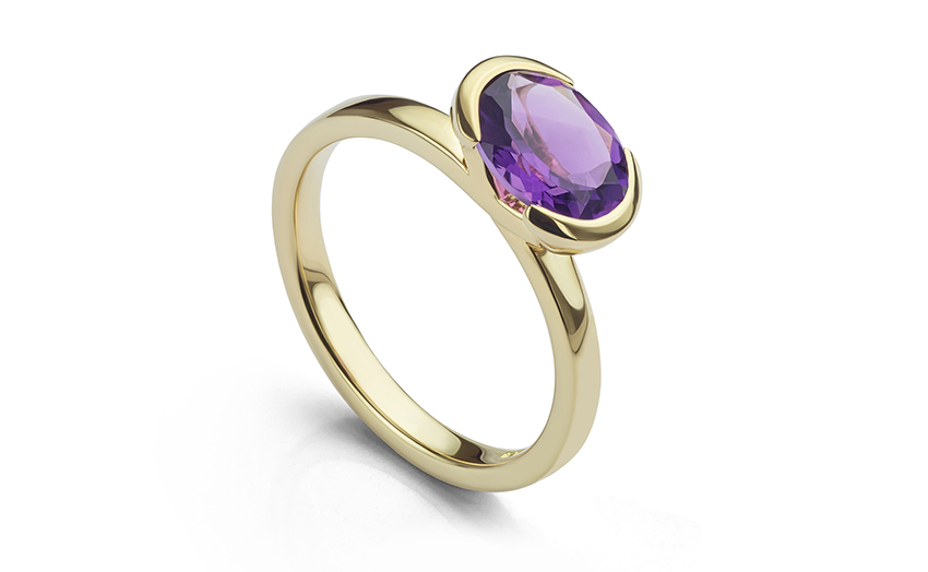 Gold Amethyst ring made by Serendipity Diamonds as a bespoke East-West setting for an oval gemstone. 