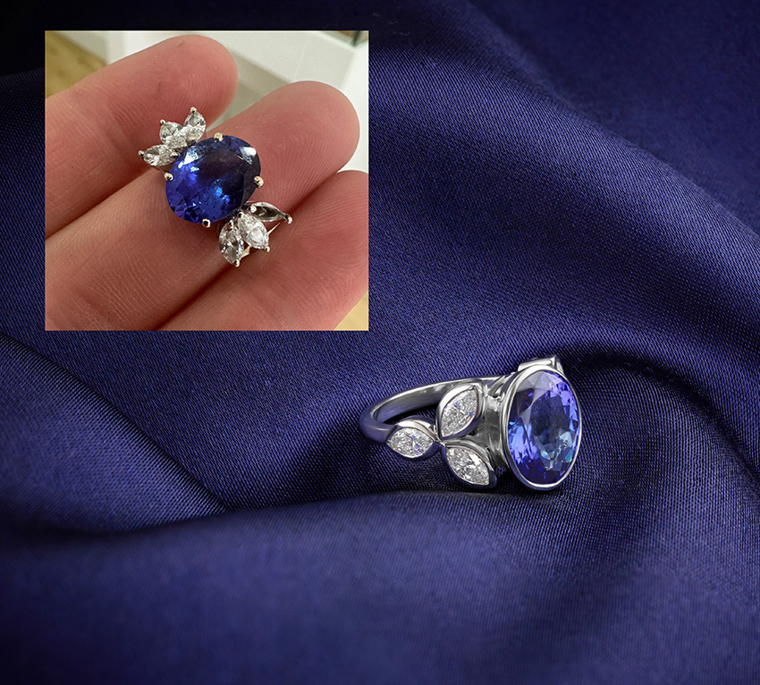 A Sapphire and Diamond ring missing a diamond. Our work involved re-designing a new ring with a replacement Marquise diamond and additional security for the existing stones.