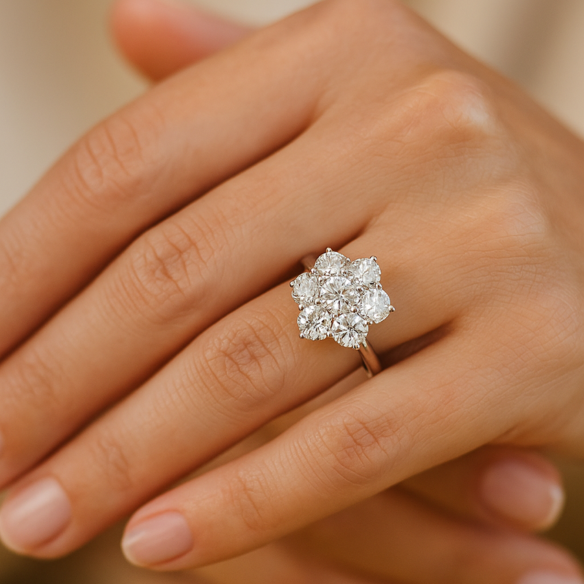 Daisy diamond cluster engagement ring shown on finger