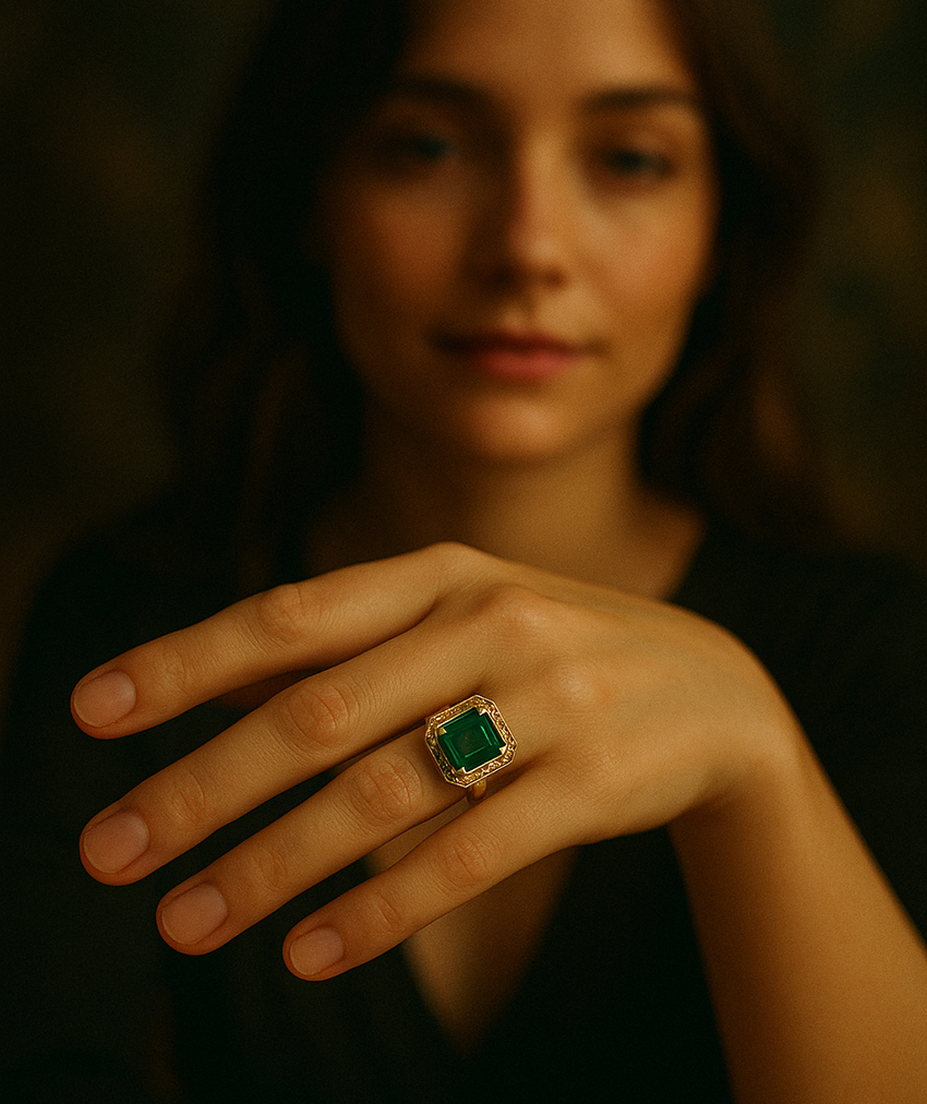 Art Deco Emerald ring shown on model's hand