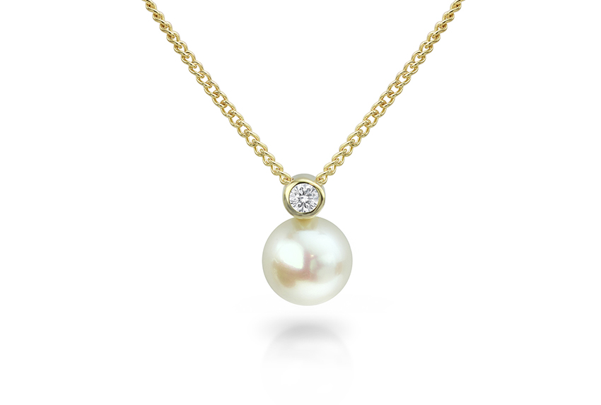 Pearl and diamond snowman necklace in yellow gold