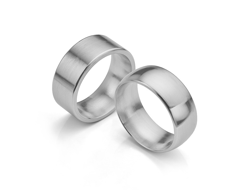 Brushed finish cigar band wedding rings in Platinum, with a flat and comfort fit profile.