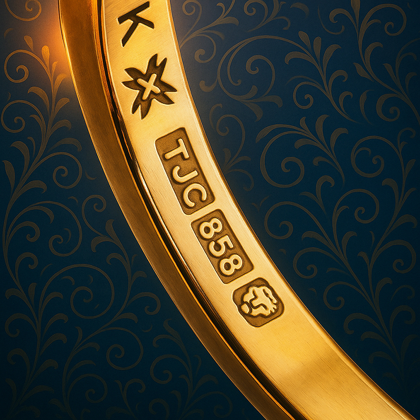 585 Gold Stamp inside yellow gold ring with hallmark.