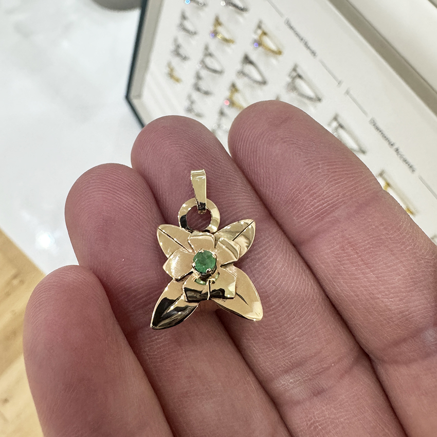 The final pendant made out of the clip on earring in 14ct yellow gold with a handmade tapered bail to attached to a chain. 