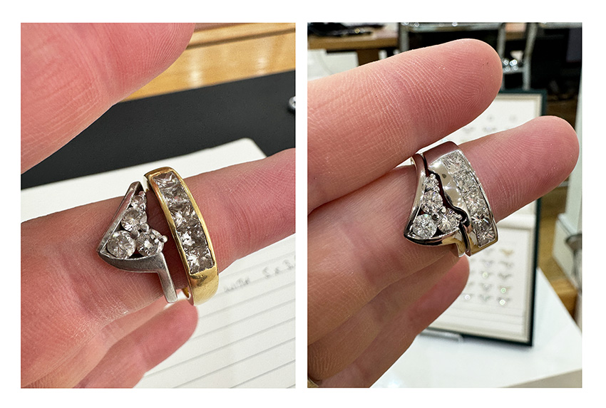 Before and after. On the left, the image shows the original princess-cut ring inherited. The right photograph shows the new Platinum ring with a shaped edge, set with the original princess-cut diamonds. 