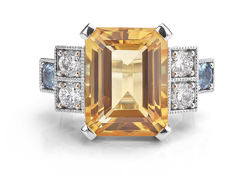 Cocktail ring with 12.5 carat Citrine in a vintage design, with milgrain settings and aquamarines with diamonds.