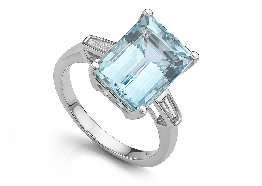 Large Aquamarine and tapered diamond cocktail ring.