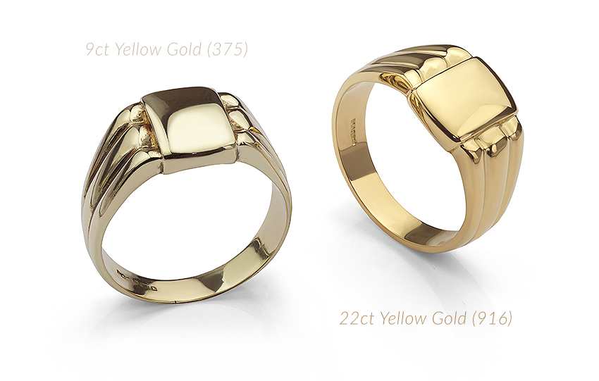 9ct yellow gold compared to 22 ct gold showing the colour difference across two rings.