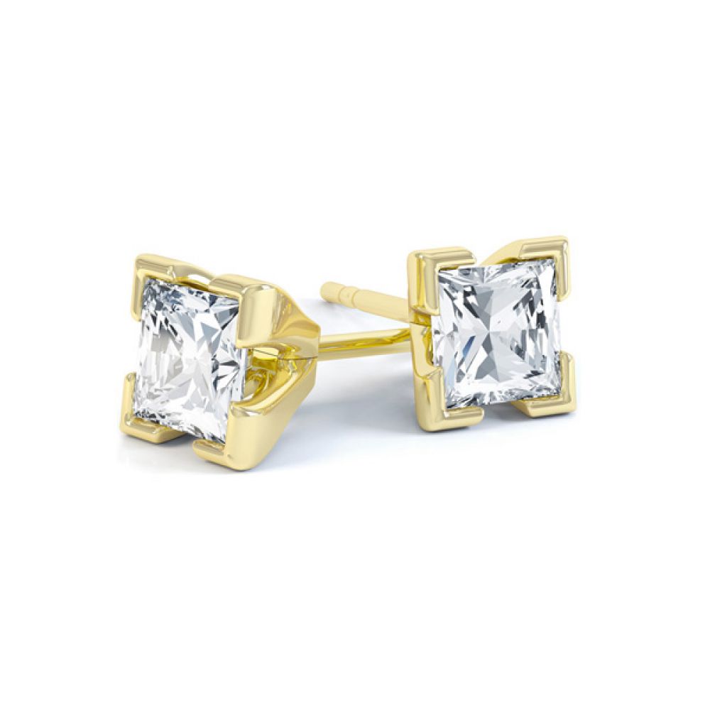 4 Claw Tiffany Style Princess Cut Diamond Earrings In Yellow Gold