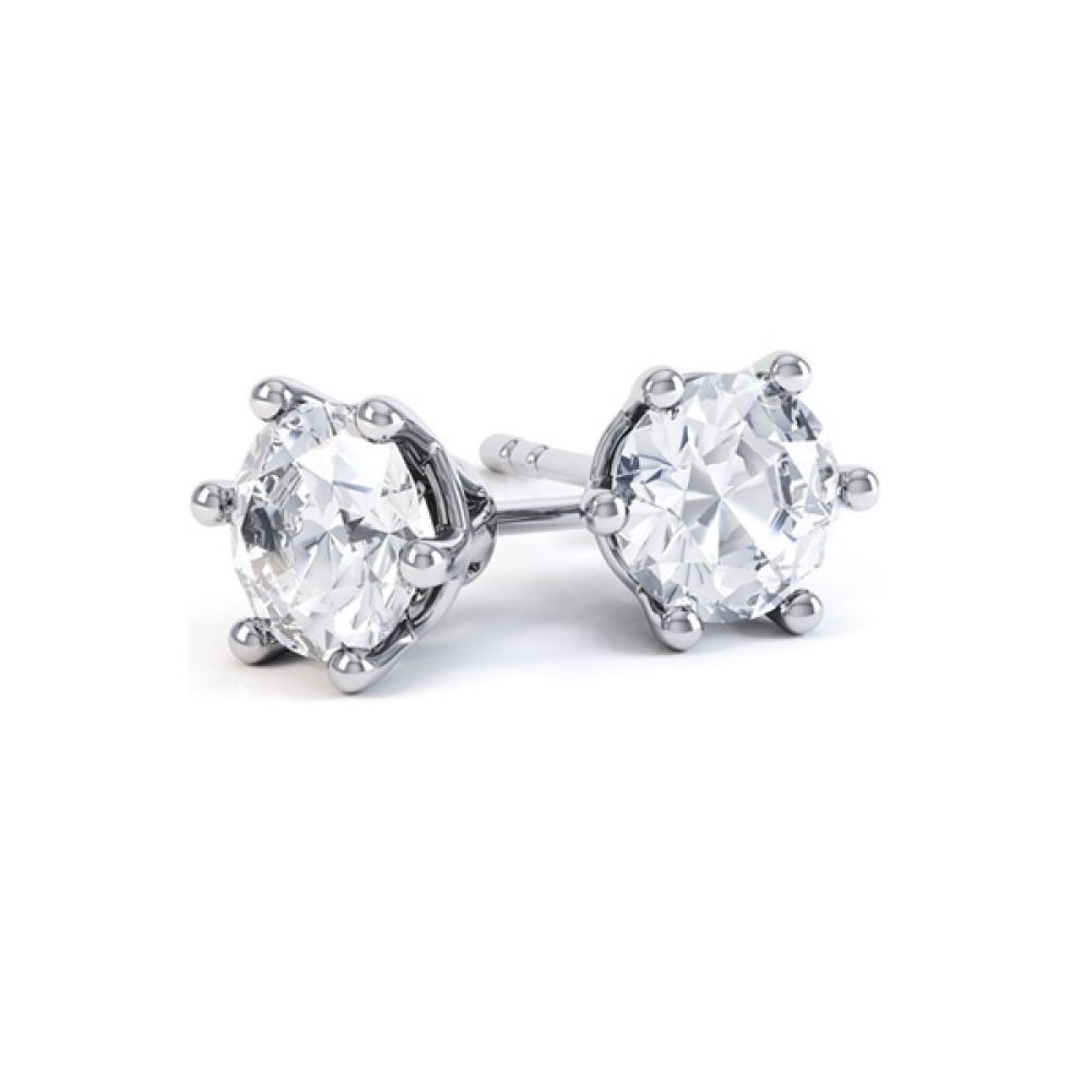 6 Claw Round Brilliant Cut Diamond Stud Earrings