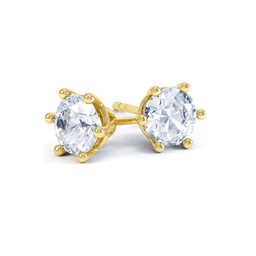 6 Claw Round Brilliant Cut Diamond Stud Earrings In Yellow Gold 6 Claw Round Brilliant Cut Diamond Stud Earrings In Yellow Gold