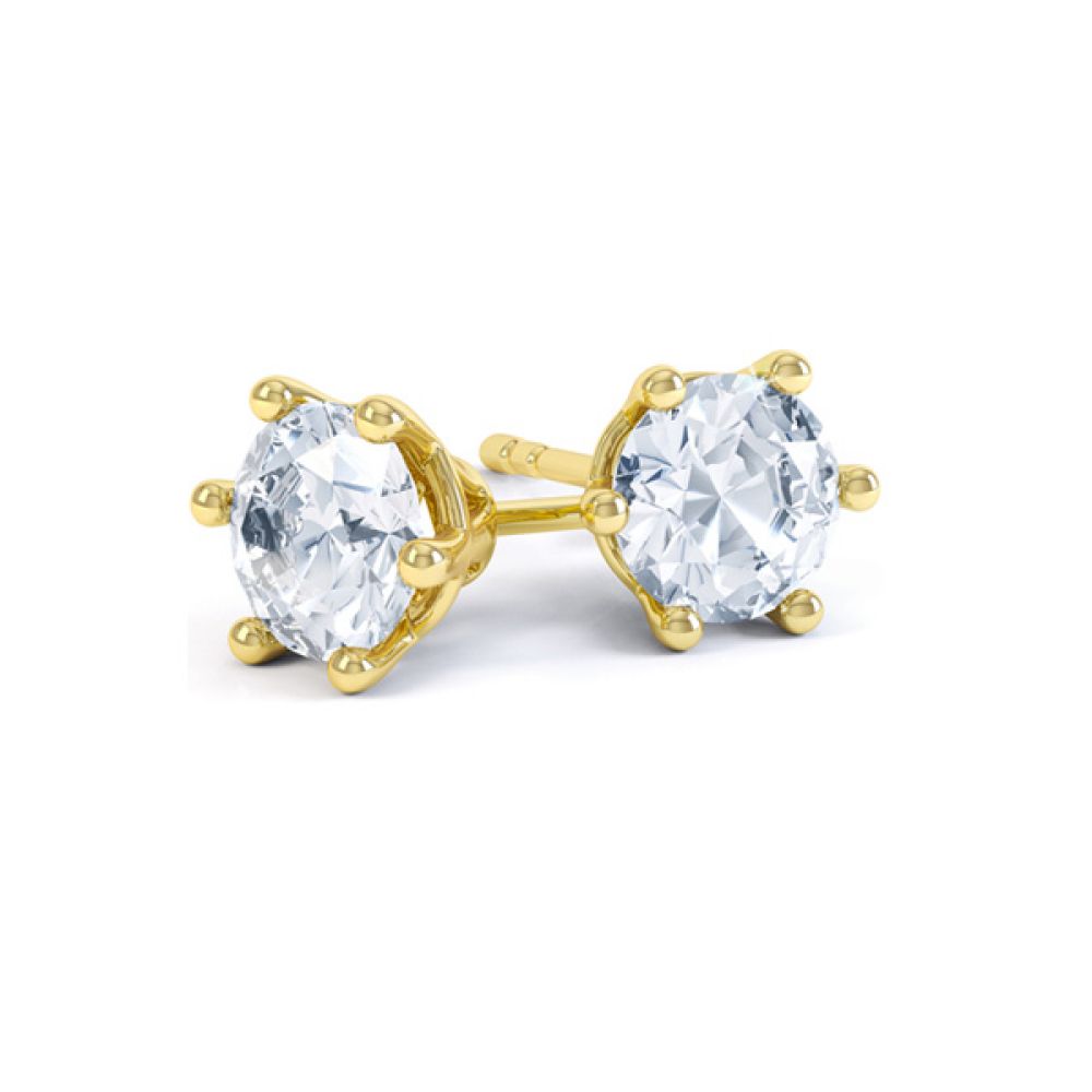 6 Claw Round Brilliant Cut Diamond Stud Earrings In Yellow Gold