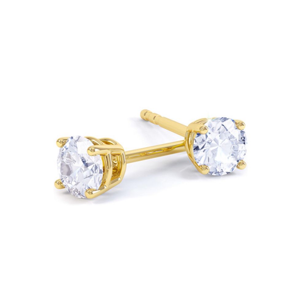 Classic 4 Claw Round Solitaire Diamond Earrings In Yellow Gold