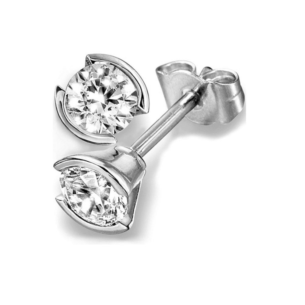 Part Bezel Set Round Brilliant Cut Diamond Stud Earrings - Platinum