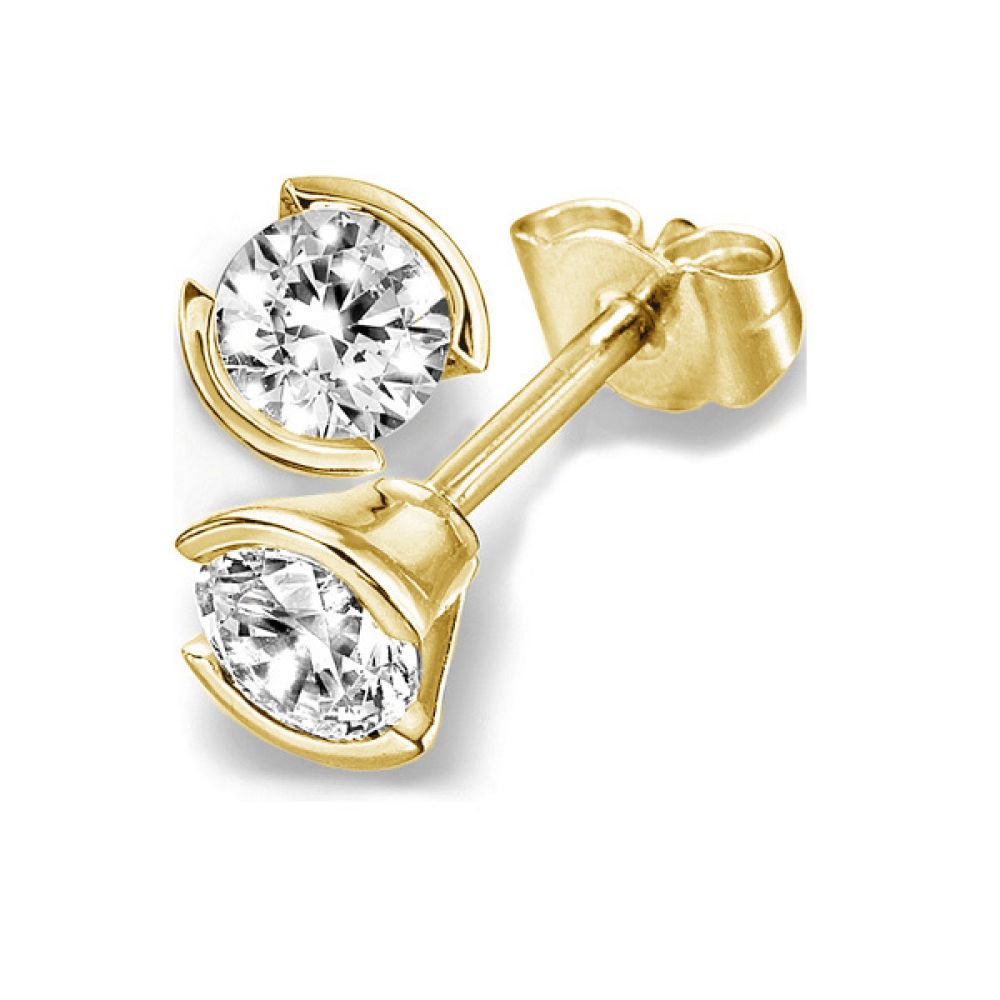 Part Bezel Set Round Brilliant Cut Diamond Stud Earrings - Yellow