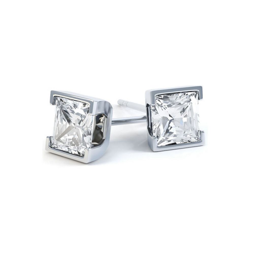 Princess Cut Diamond Earrings with Part Bezel Setting