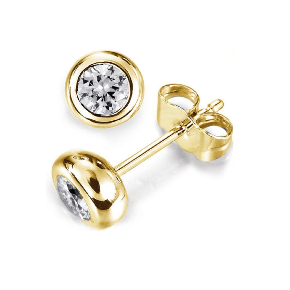 Solitaire Diamond Earrings Doughnut Bezel Setting In  Yellow Gold