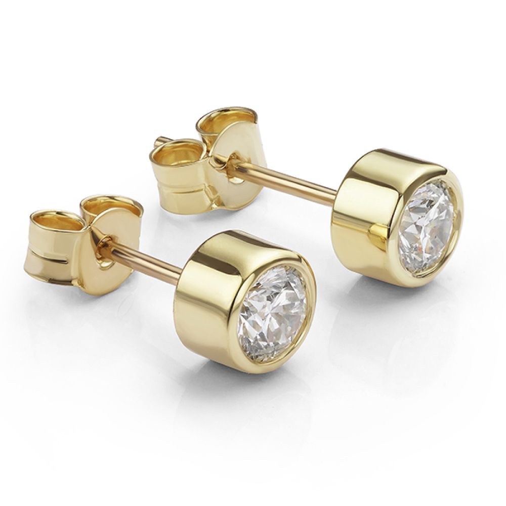 Cylindrical Bezel Round Diamond Stud Earrings In Yellow Gold Cylindrical Bezel Round Diamond Stud Earrings In Yellow Gold
