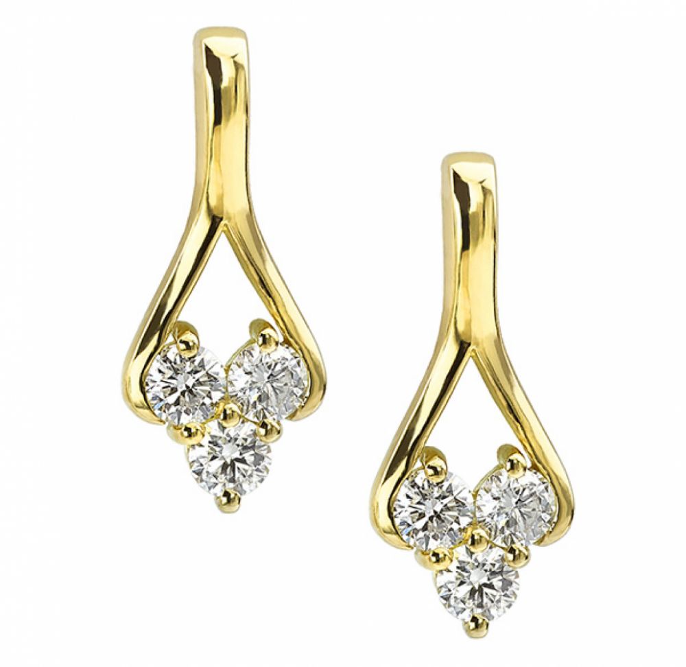 3 Stone Trilogy Style Diamond Drop Earrings In Yellow Gold