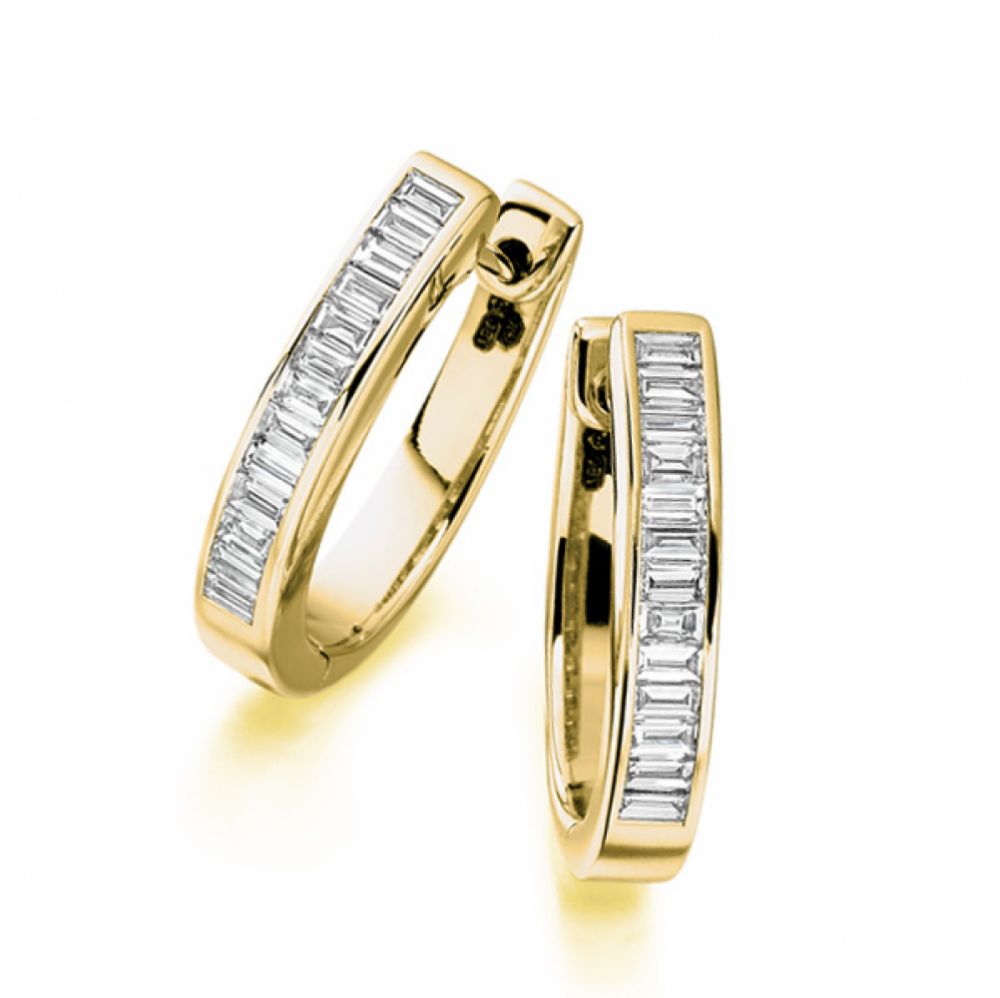 0.70cts Baguette Cut Diamond Hoop Earrings In Yellow Gold