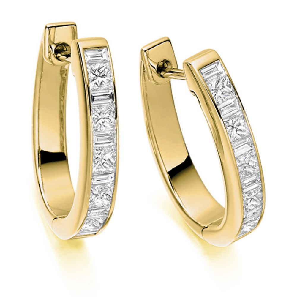 1.1 Carat Princess and Baguette Diamond Hoop Earrings In Yellow Gold