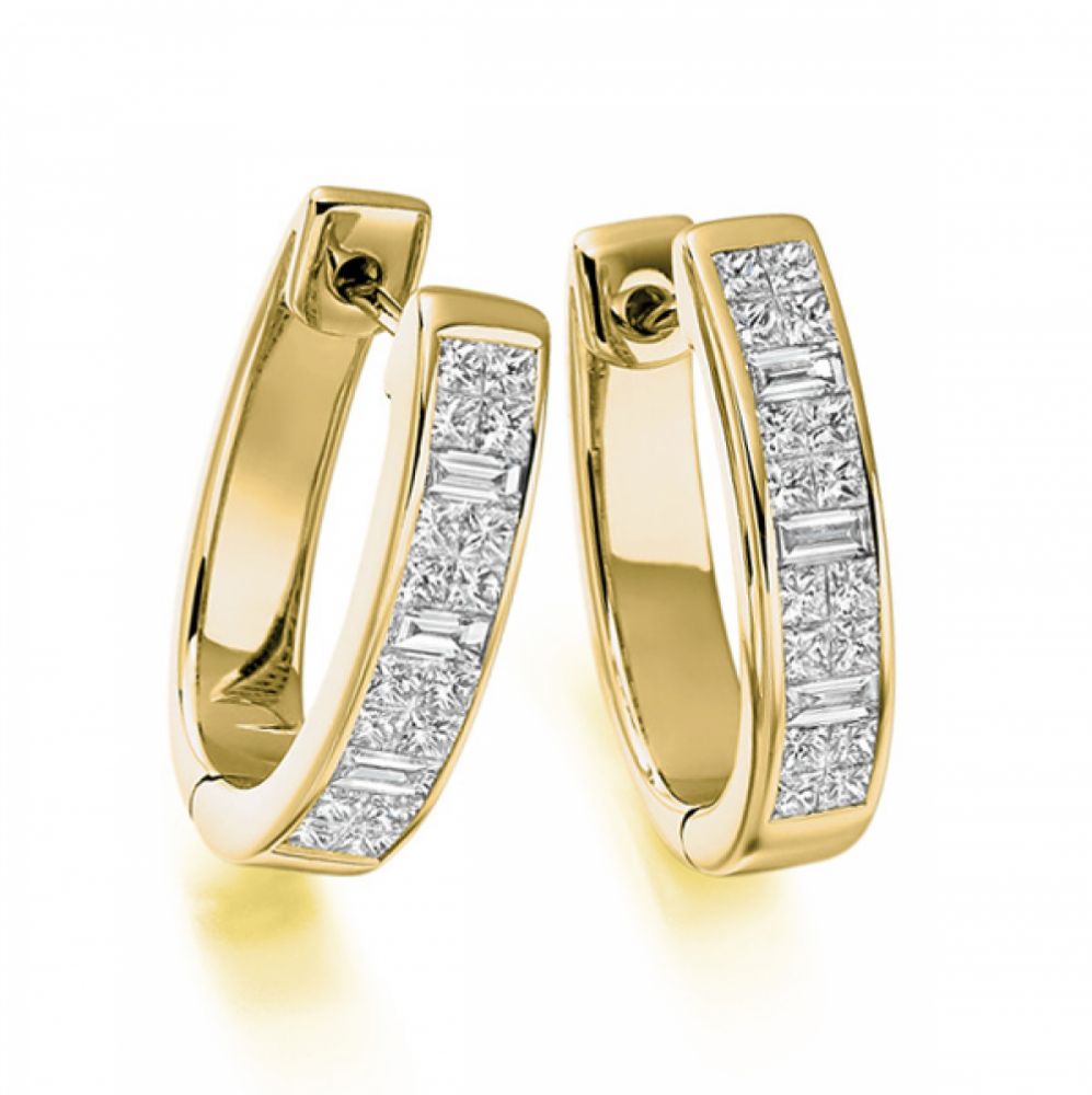 1.35cts Princess & Baguette Diamond Hoop Earrings In Yellow Gold