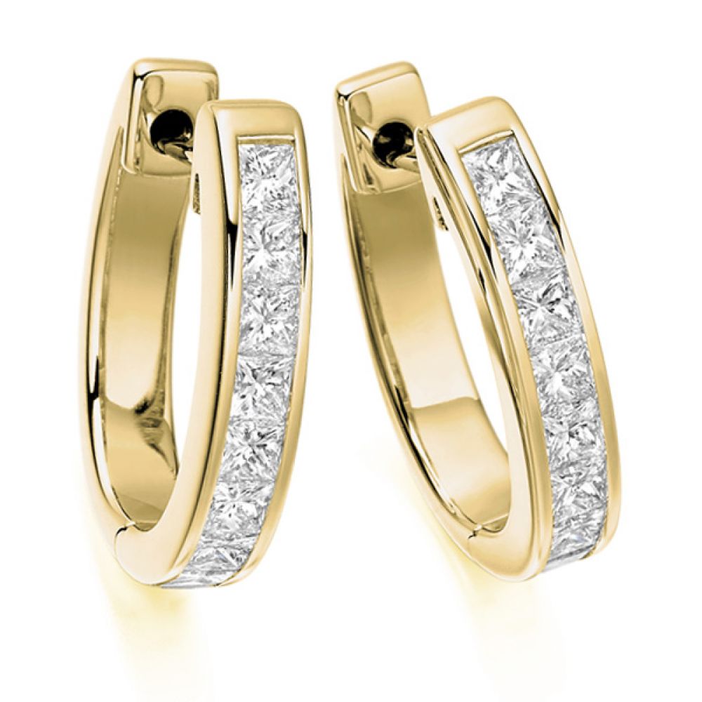 1.50cts Channel Set Princess Diamond Hoop Earrings In Yellow Gold