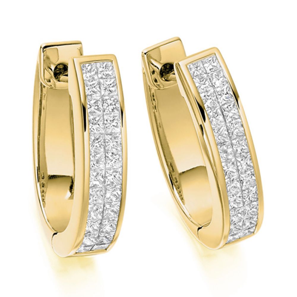 1 Carat 2 Row Princess Diamond Hoop Earrings In Yellow Gold