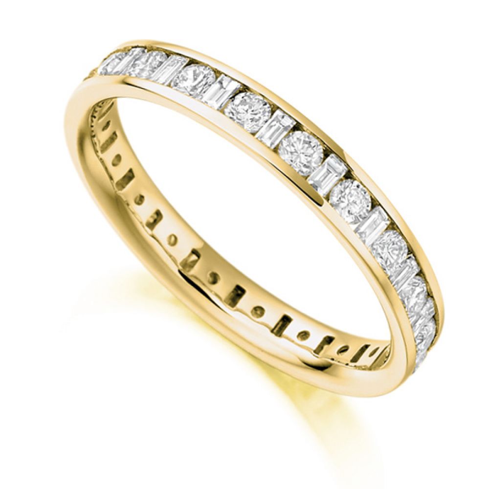 1.15ct Baguette and Round Diamond Full Eternity Ring In Yellow Gold