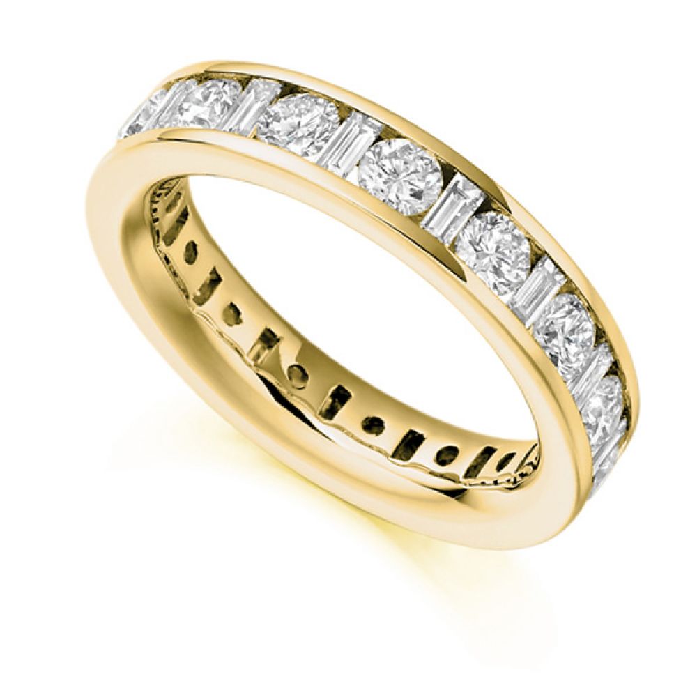 3 Carat Baguette and Round Brilliant Cut Full Diamond Eternity Ring In Yellow Gold 3 Carat Baguette and Round Brilliant Cut Full Diamond Eternity Ring In Yellow Gold