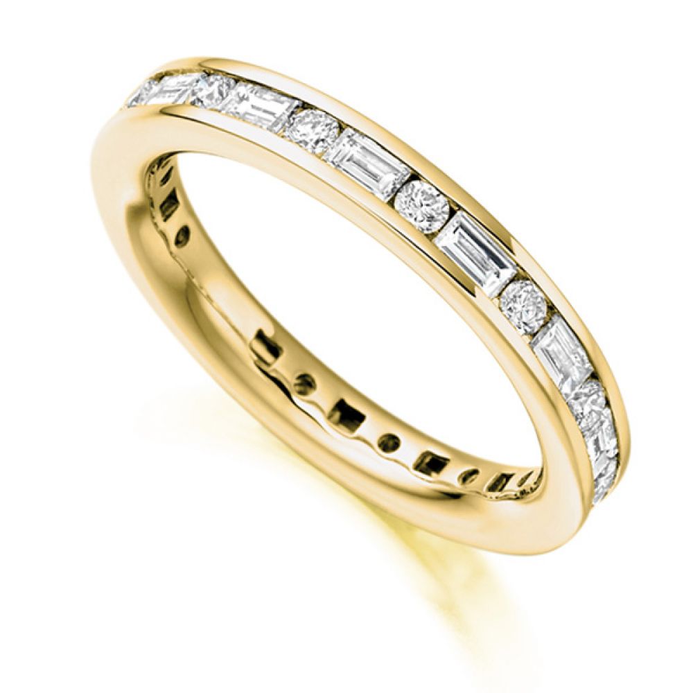 1.25cts Lengthways Set Baguette & Round Diamond Eternity Ring In Yellow Gold