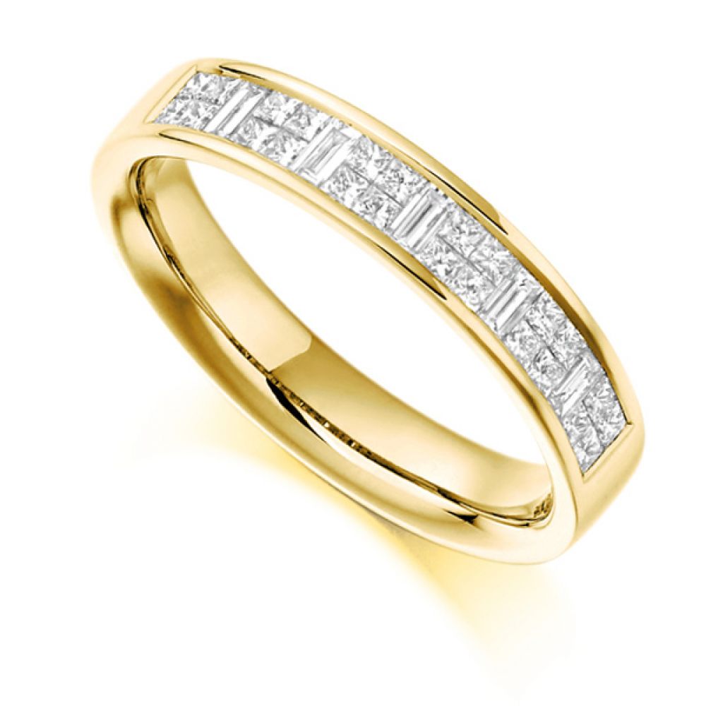 0.60cts Baguette & Princess Cut Half Eternity Ring In Yellow Gold