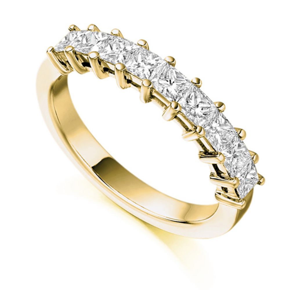 1 Carat Claw Set Half Princess Diamond Eternity Ring With A Yellow Gold Band