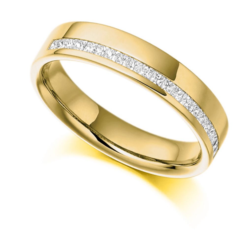 0.25cts Offset Channel Princess Half Eternity Ring In Yellow Gold